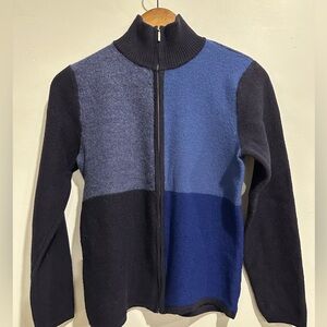 TALBOTS Vintage 100% Wool‎ Blue Colorblock Patchwork Zip Up Sweater Size M